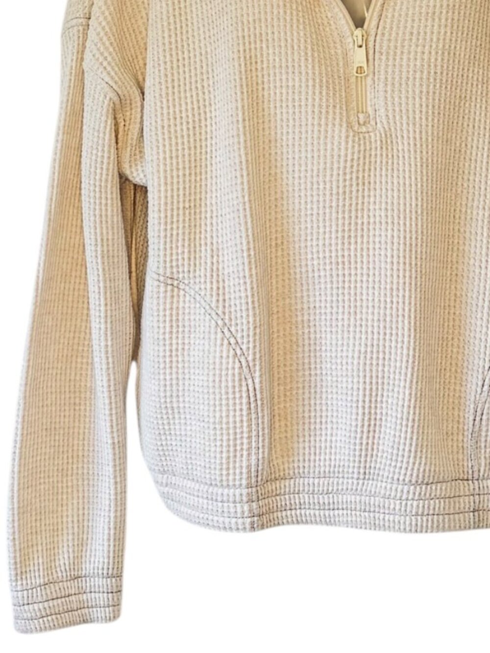 Aerie Thermal Waffle Knit Quarter Zip Side Pockets Ivory Oversize Women's Medium - Picture 2 of 8